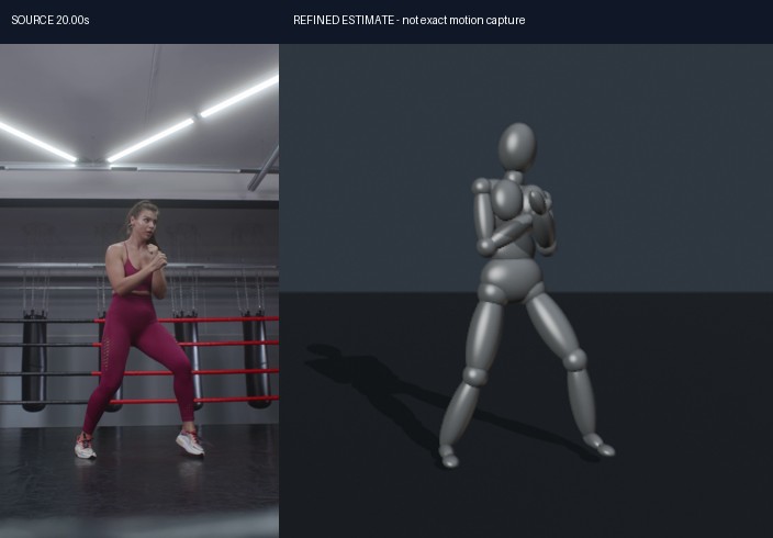 Woman boxing in a gym on the left and her reconstructed mannequin motion on the right